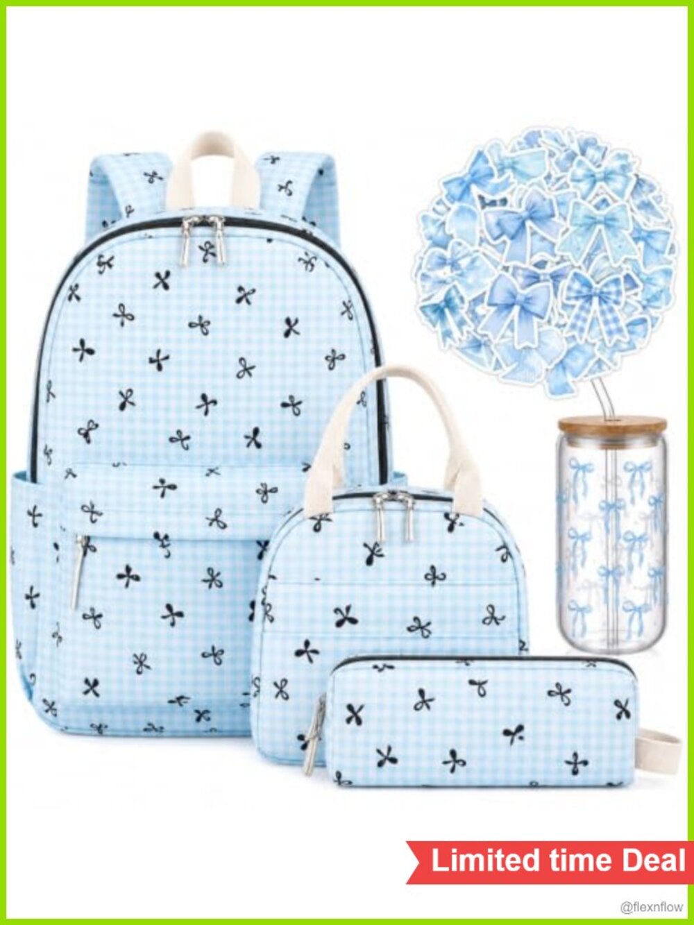 5 Pc Nylon Bow Backpack Set with Lunch Box Pencil Case and Water Bottle